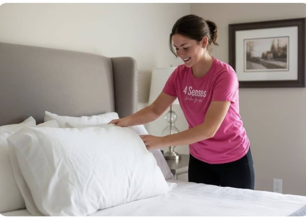 The image showcases a neatly arranged bedroom featuring fresh linens and a well-made bed, emphasizing comfort and cleanliness. This aligns with 4 Senses House Cleaning's commitment to providing a pristine environment for homes, ensuring that every corner, including bedrooms, is spotless and inviting.