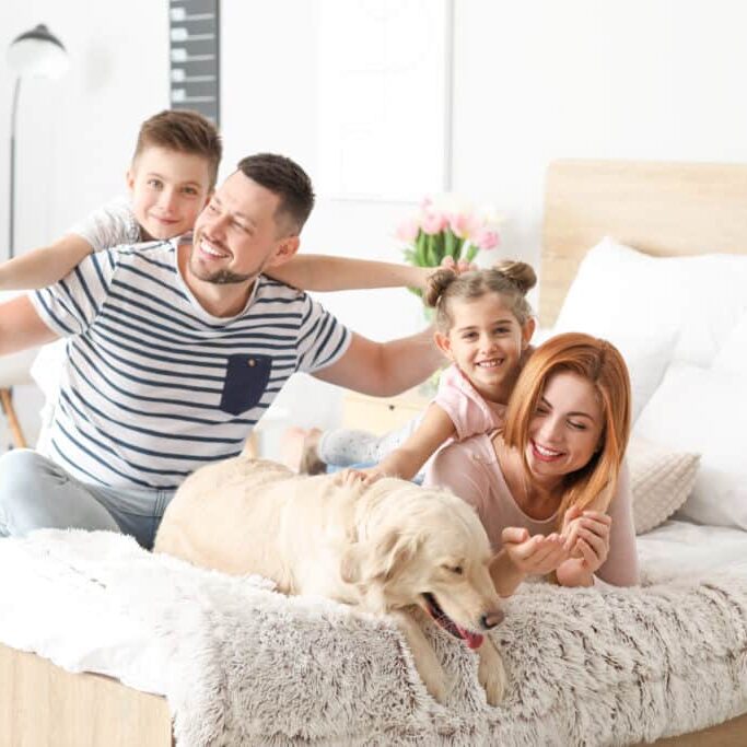 Happy family with dog in bedroom at home